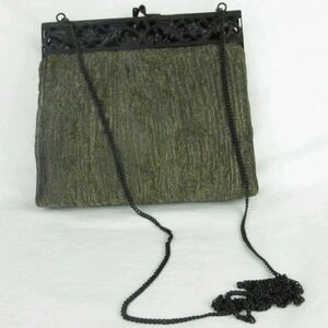 Vtg purse clutch handbag metalic silk mesh cast iron decor closer Venetian artsy